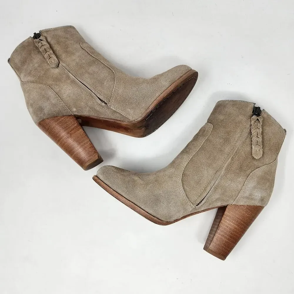 JOIE Dalton Heeled Booties Women EU37.5/US7 Tan Suede Stacked Heel Braid Zip